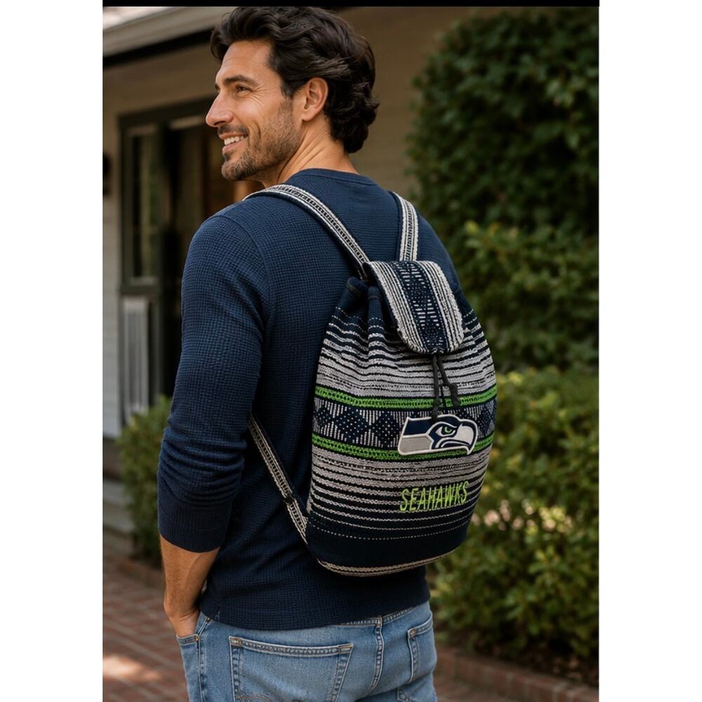 Seattle Seahawks Woven Knit Backpack Blue Green NFL Boho Style Bag